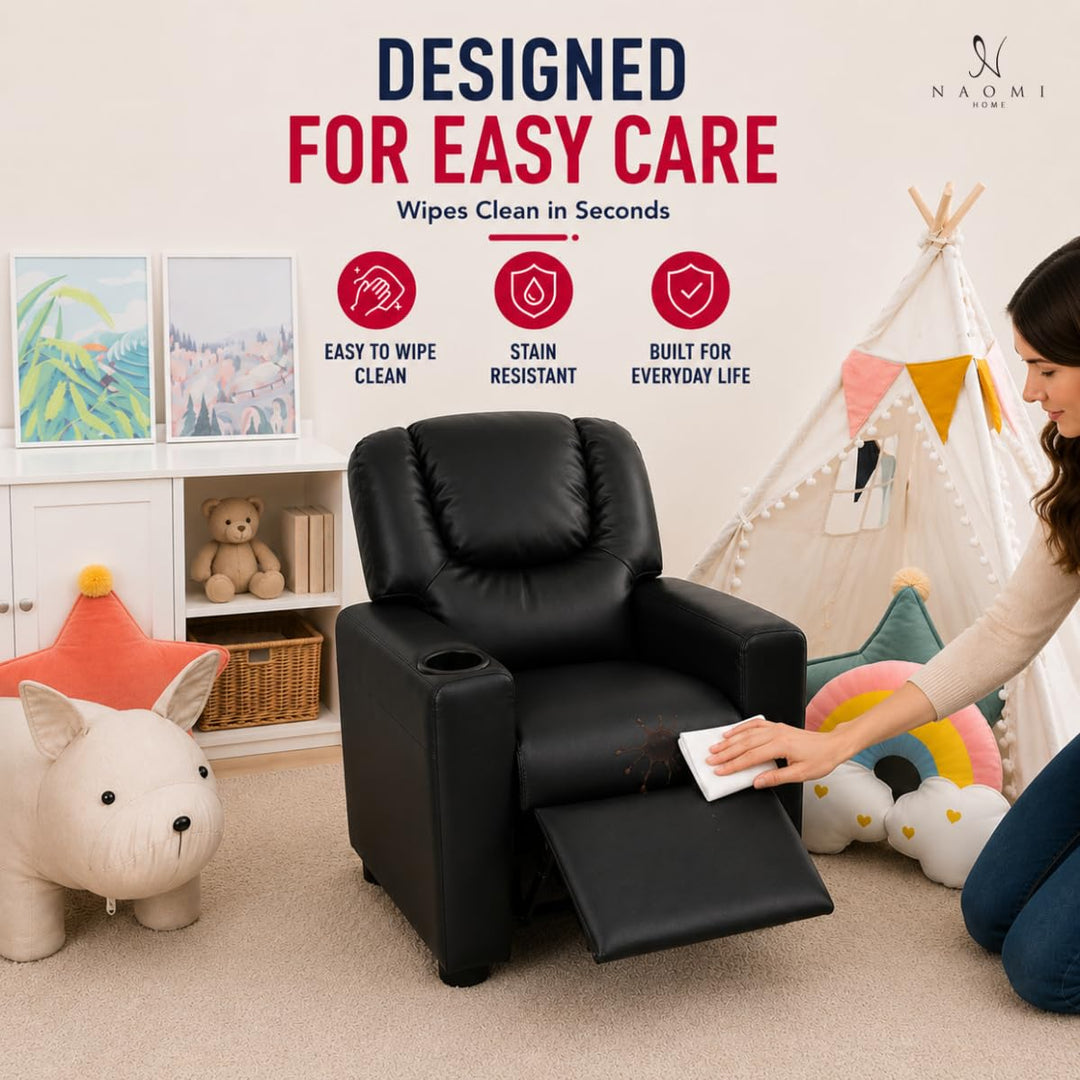 Suri Push Back Kids Recliner with Footrest & Cup Holders - Black / Pvc