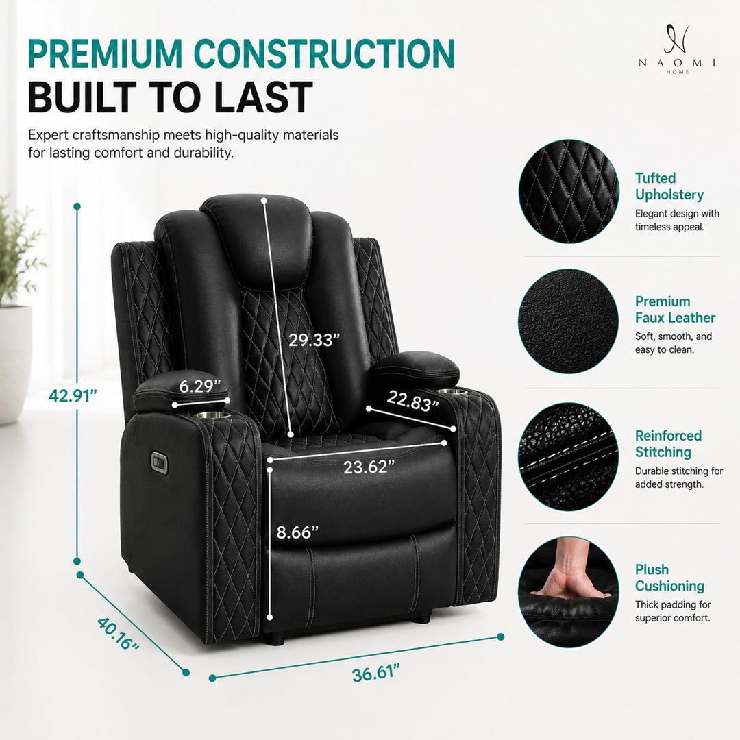 Chicago Power Recliner with LED Lights & USB Charging - Black