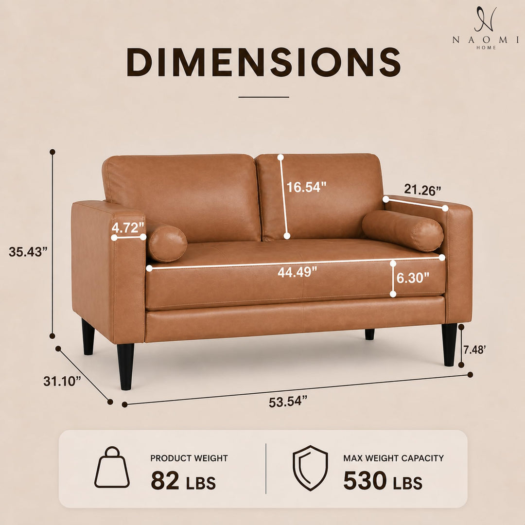 Marisa Genuine Leather Mid-Century Loveseat with Bolster Pillows