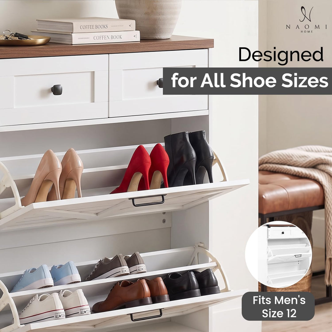 Berenice Farmhouse Shoe Cabinet with 2 Flip Drawers - White