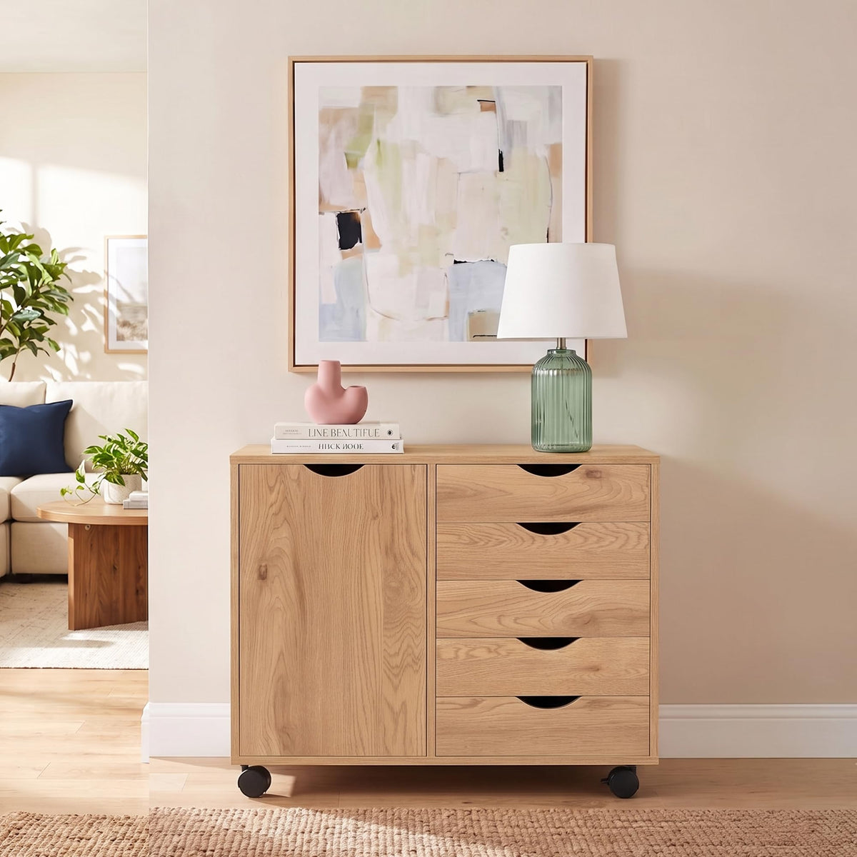 Amy 5 drawer storage cabinet with 2 shelves & wheels   natural