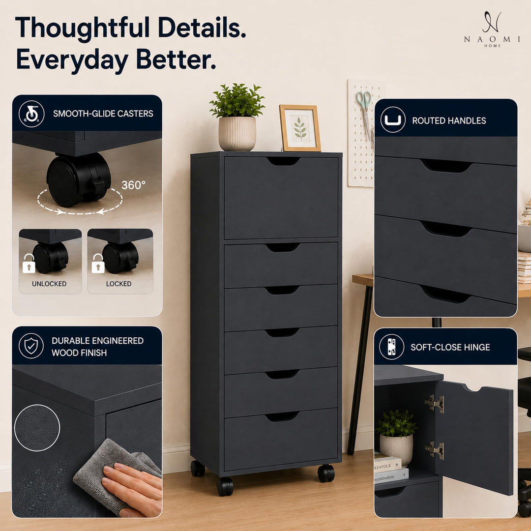 Carly 6-Drawer Storage Cabinet with Wheels - Black