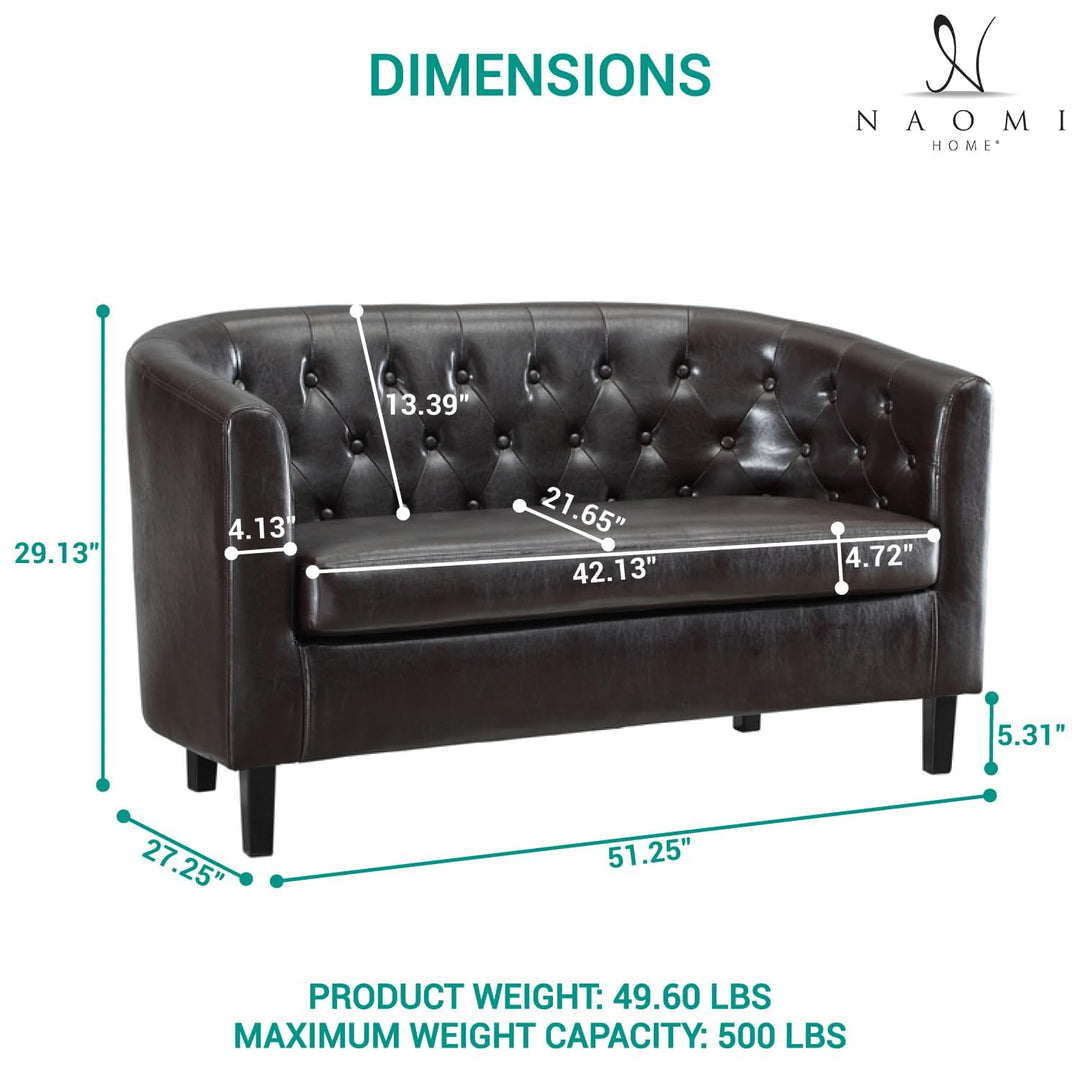 Emma Tufted Barrel Loveseat with Faux Leather Upholstery