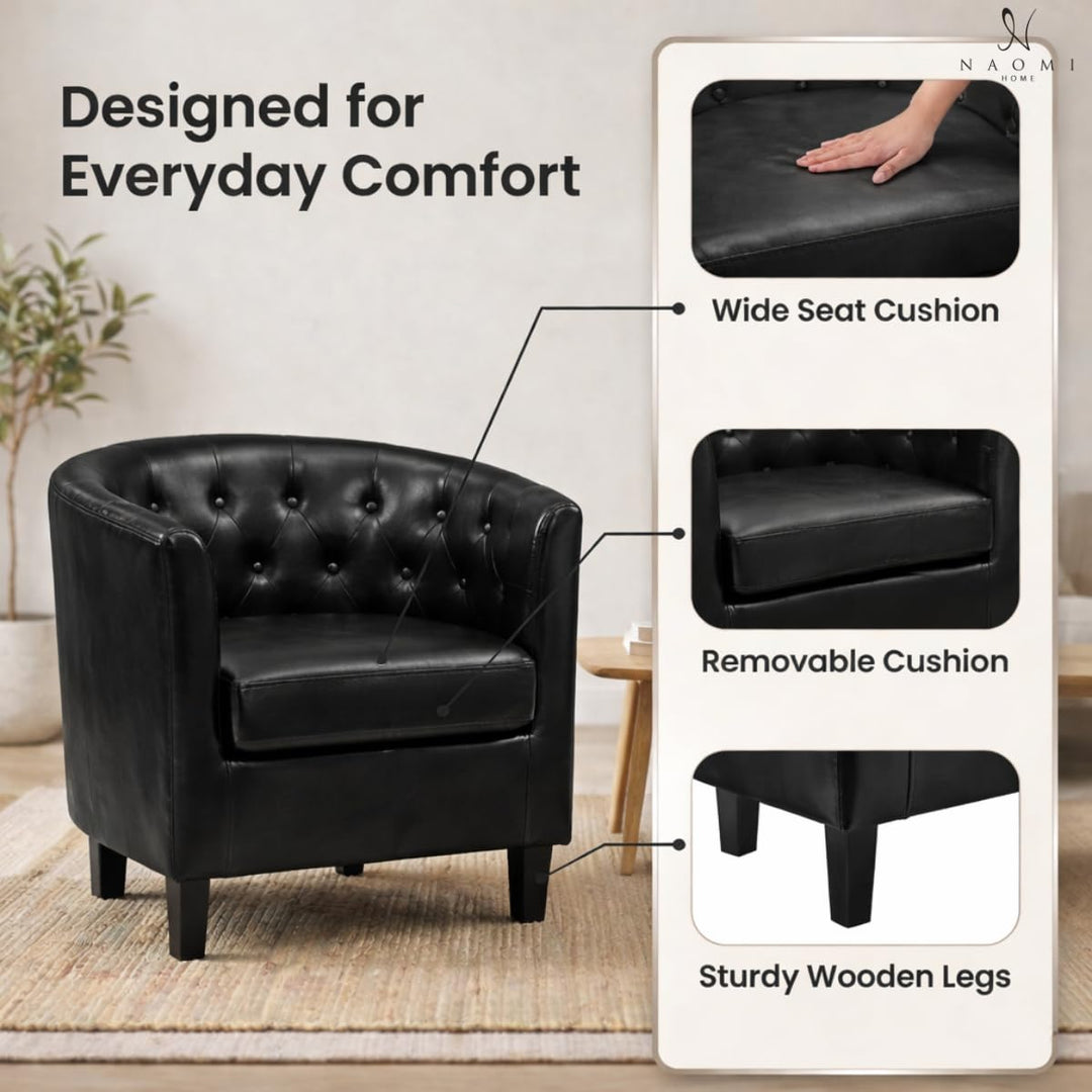 Emma Button-Tufted Faux Leather Barrel Accent Chair - Black