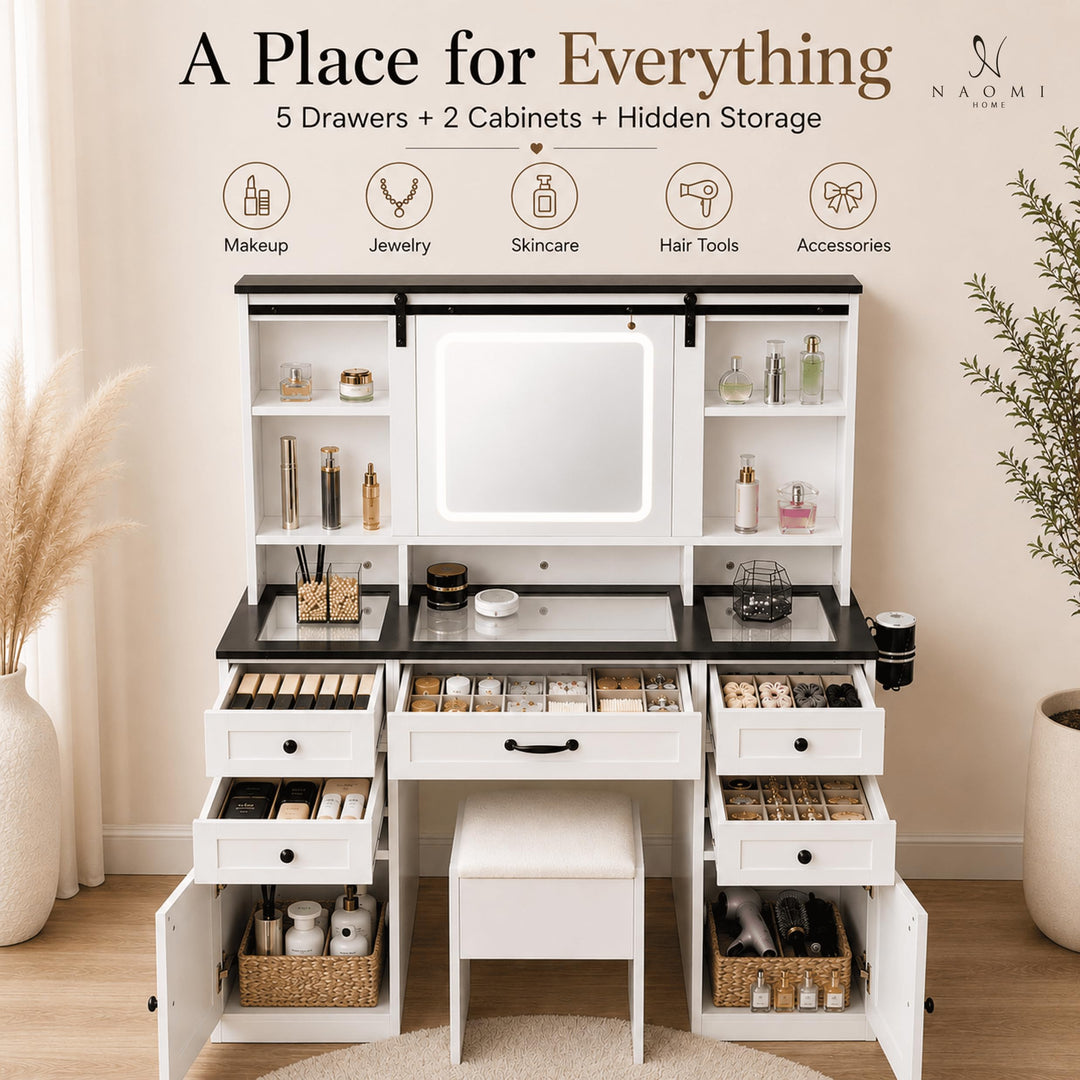 Vanya Makeup Vanity with Sliding LED Mirror & Charging – White