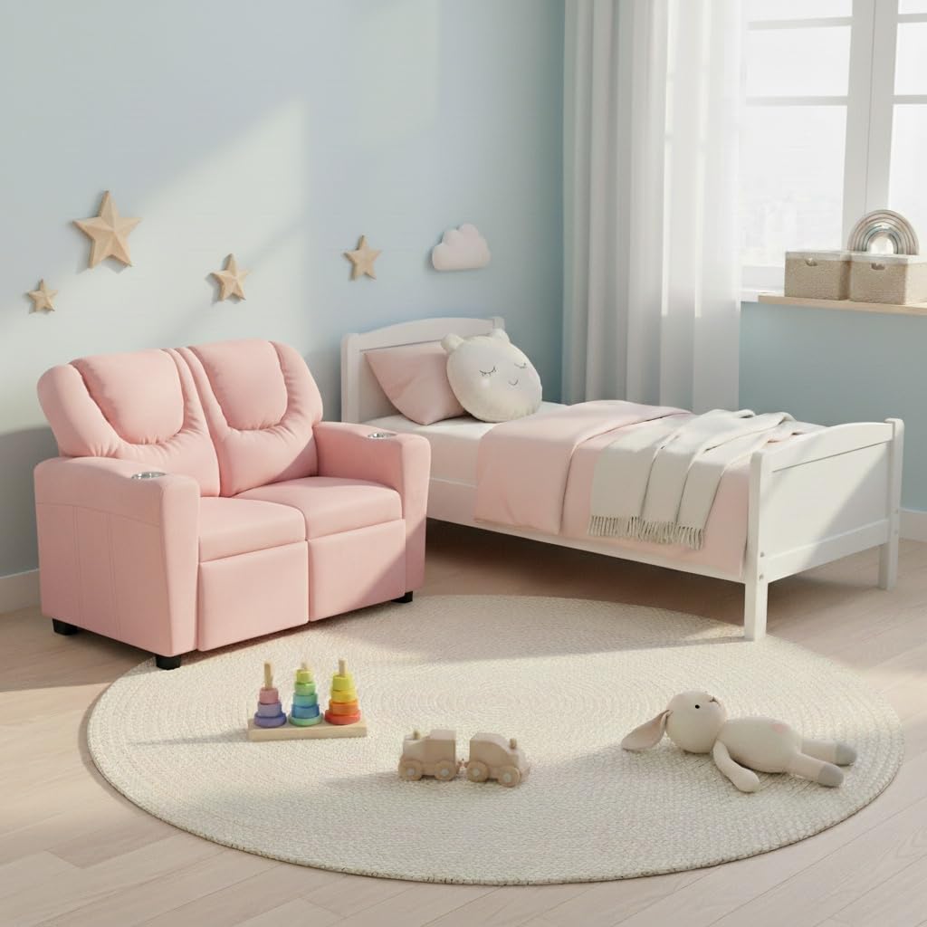 Suri Kids Recliner Loveseat with Dual Cup Holders - Pink / Pvc