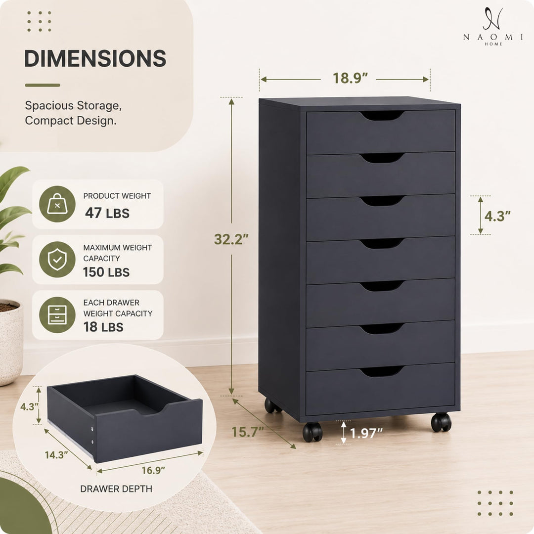 Debbie 7-Drawer Storage Cabinet with Wheels & Tabletop - Black