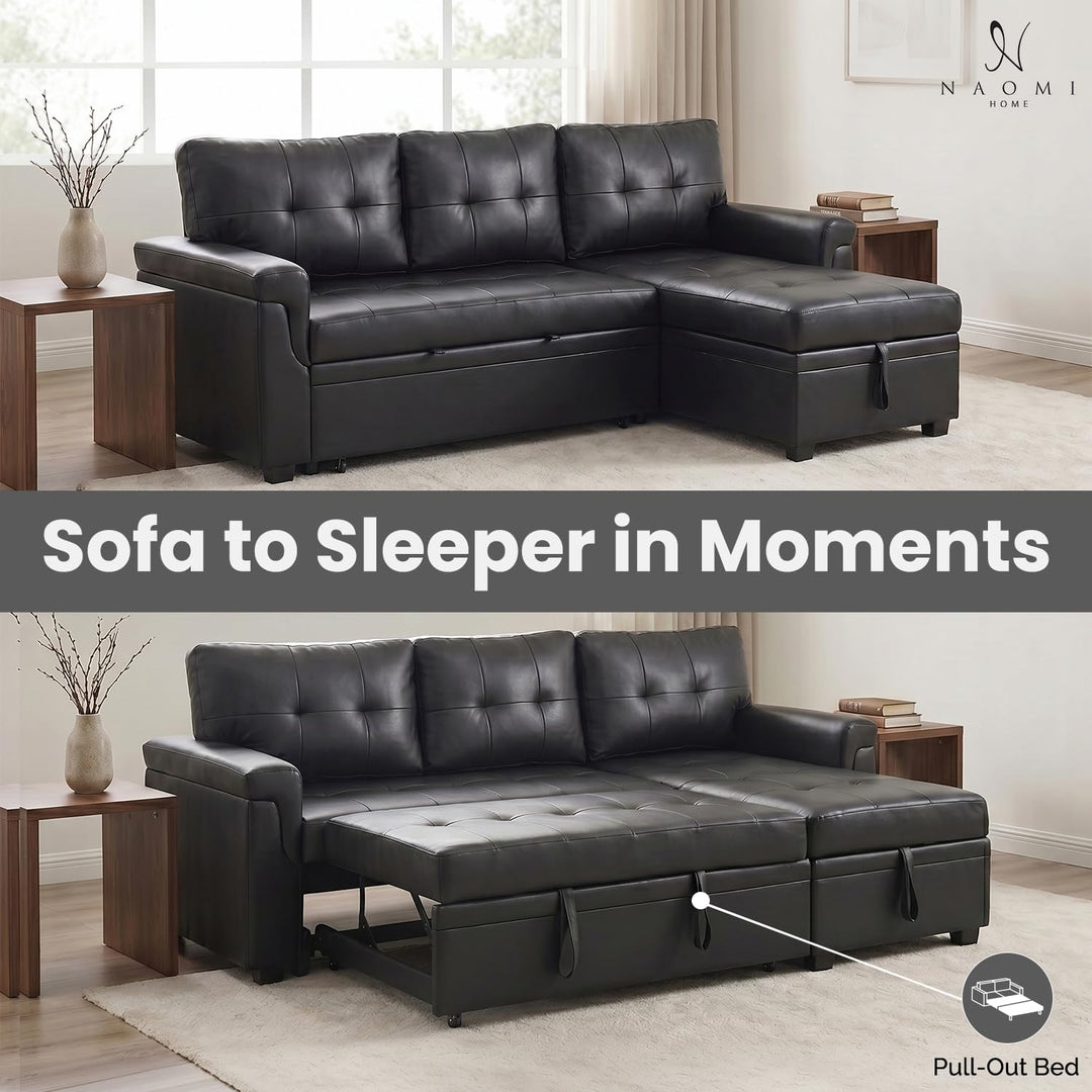 Laura 84" L-Shaped Sleeper Sectional Sofa with Storage Chaise - Black / Air Leather