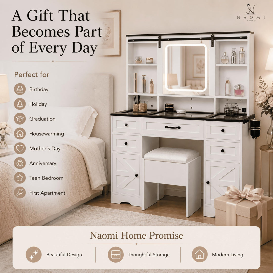 Vanya Makeup Vanity with Sliding LED Mirror & Charging – White