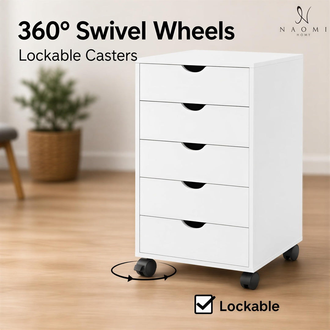 Taylor 5-Drawer Storage Cabinet with Wheels & Tabletop - White