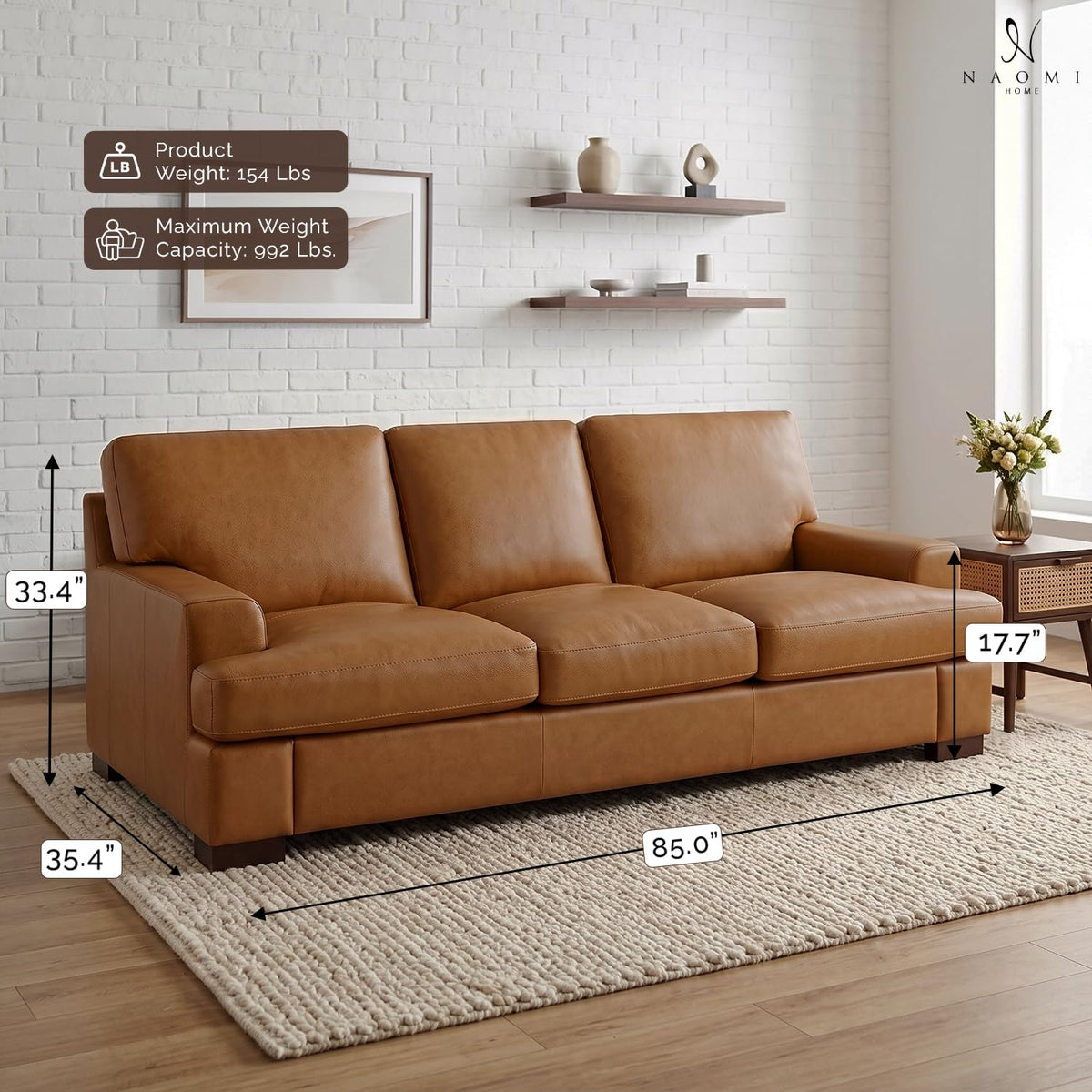 Siggy genuine leather sofa with removable cushions