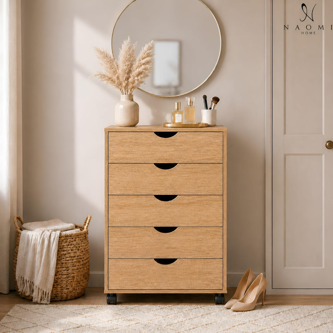 Taylor 5-Drawer Storage Cabinet with Wheels & Tabletop - Natural