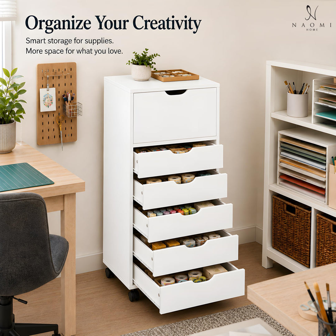 Carly 6-Drawer Storage Cabinet with Wheels - White