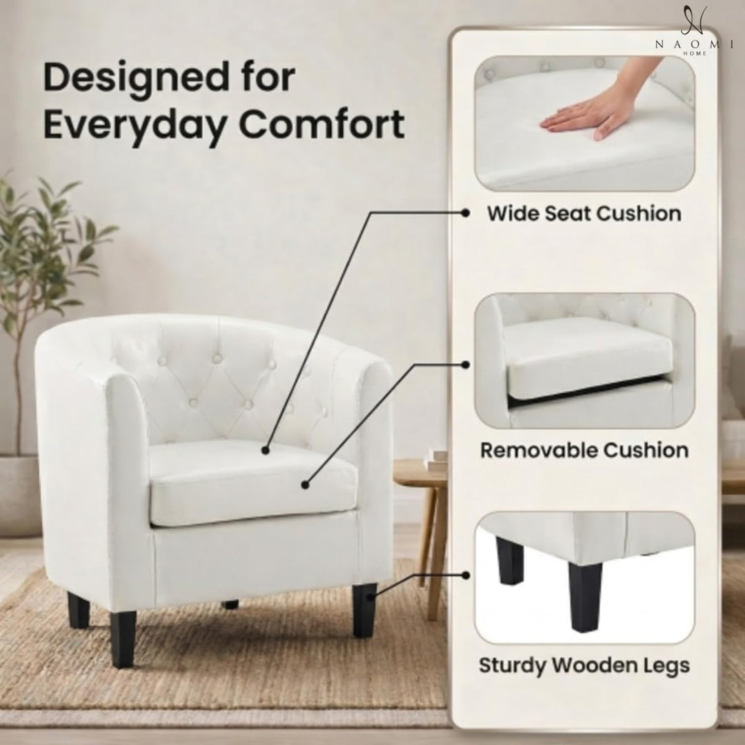 Emma Button-Tufted Faux Leather Barrel Accent Chair - White