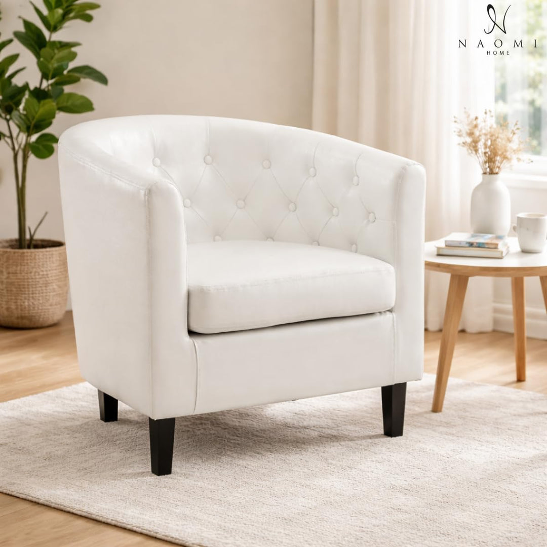 Emma Button-Tufted Faux Leather Barrel Accent Chair - White