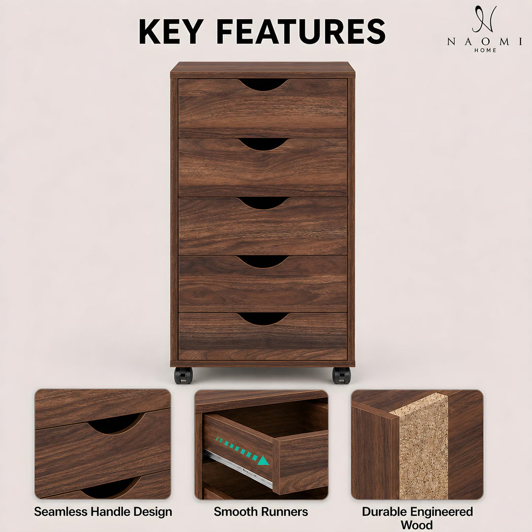 Taylor 5-Drawer Storage Cabinet with Wheels & Tabletop - Brown Oak
