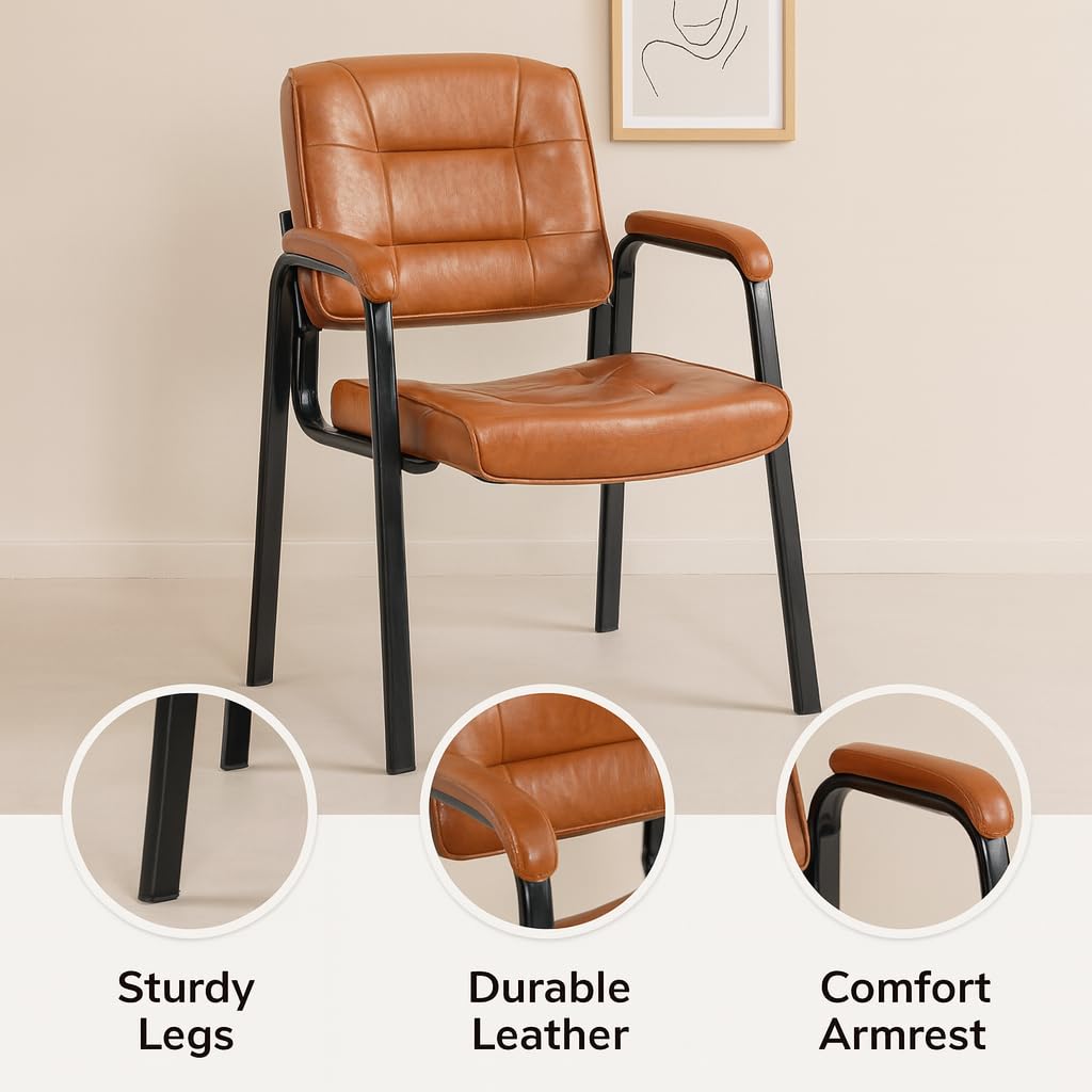 Mindy Reception Chair - Faux Leather Upholstery with Padded Arms - Caramel / Set of 2