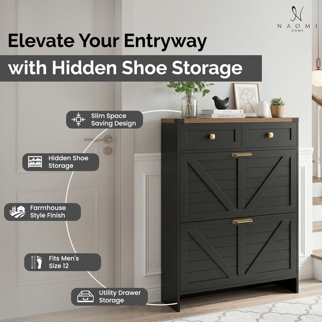 Berenice Farmhouse Shoe Cabinet with 2 Flip Drawers - Black