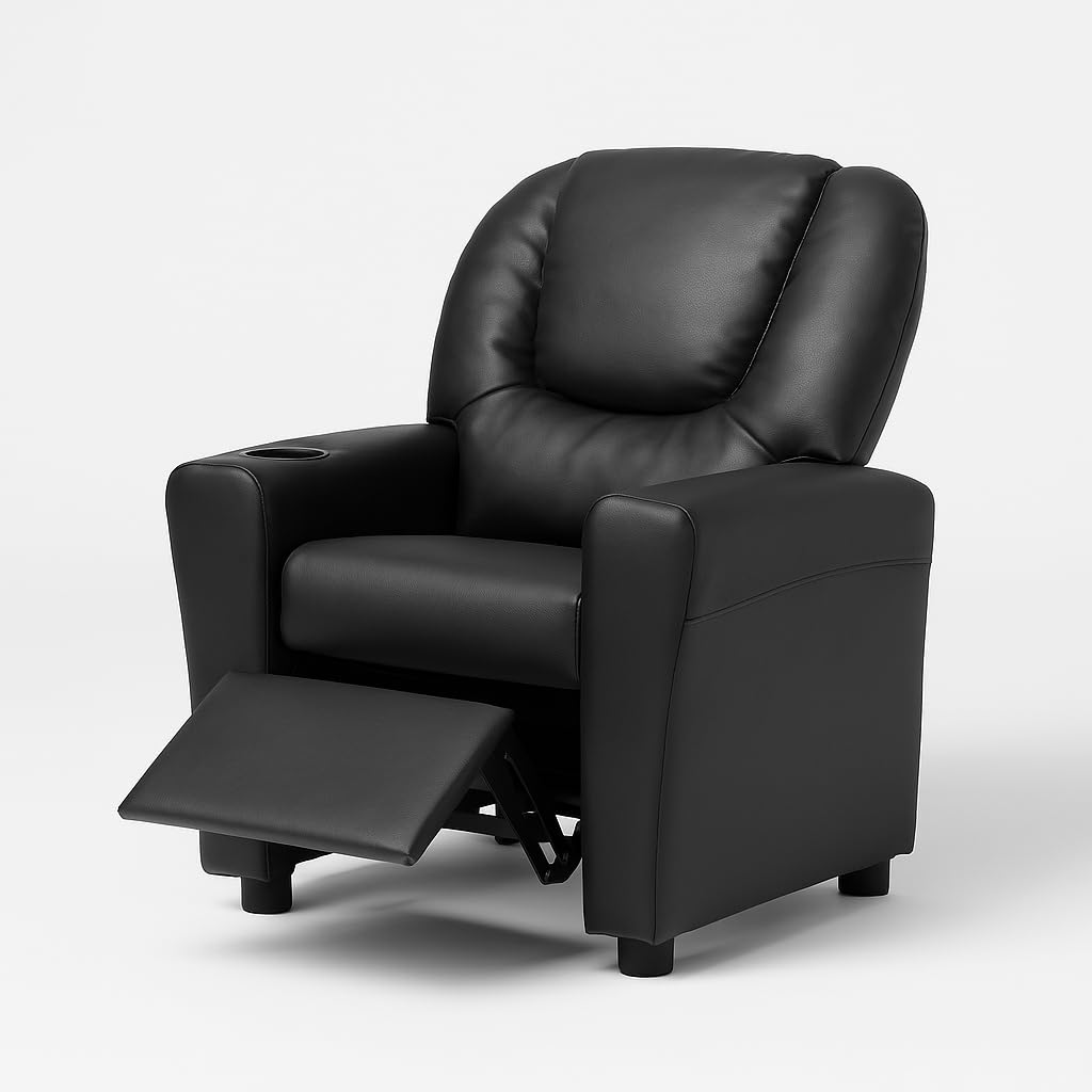 Suri Push Back Kids Recliner with Footrest & Cup Holders - Black / Pvc
