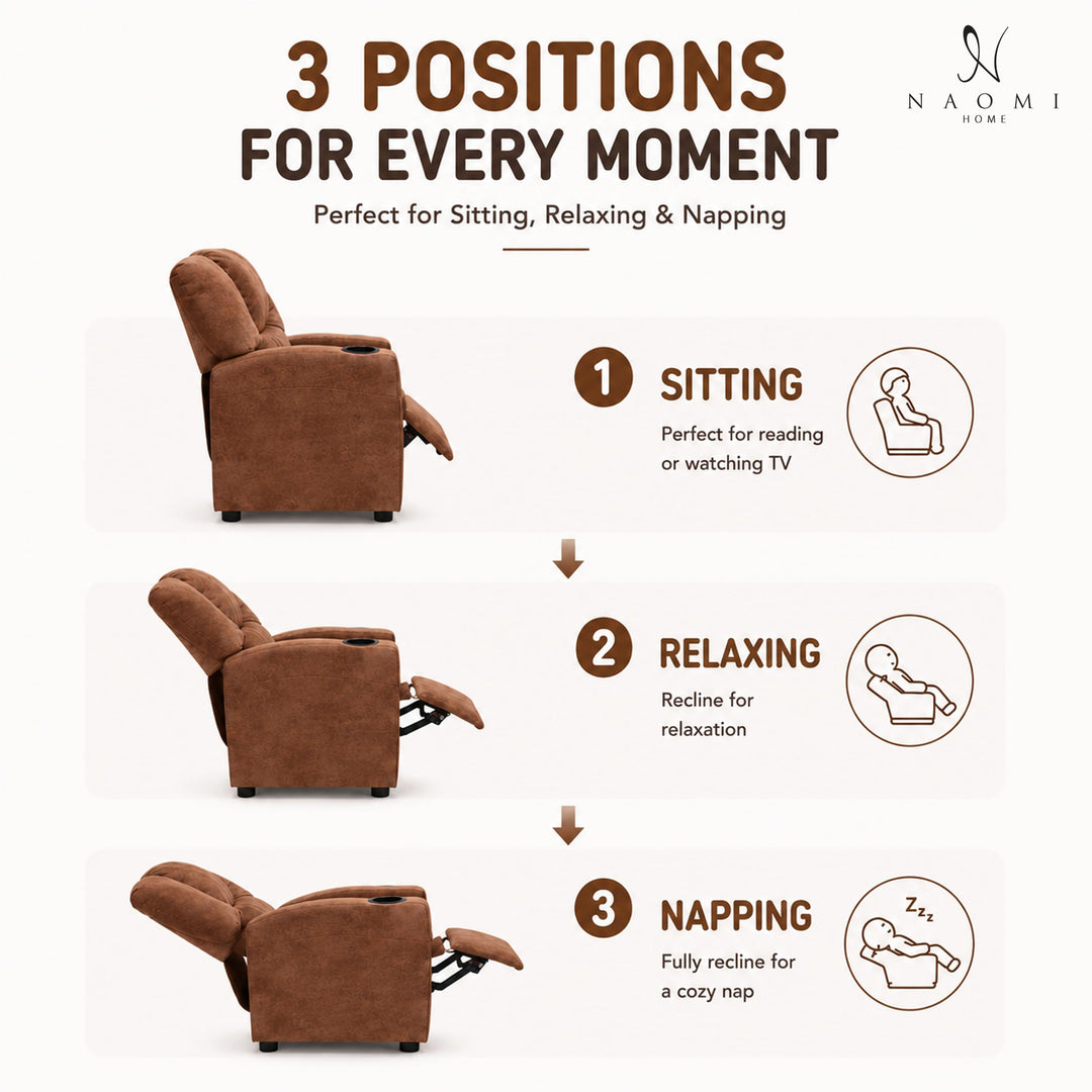 Suri Push Back Kids Recliner with Footrest & Cup Holders - Brown / Microfiber