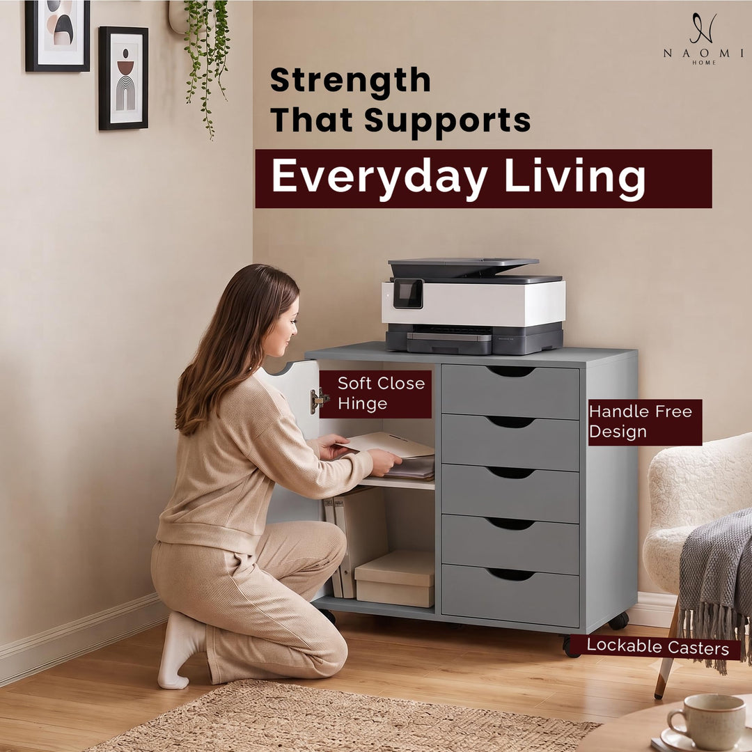 Amy 5-Drawer Storage Cabinet with 2 Shelves & Wheels - Gray