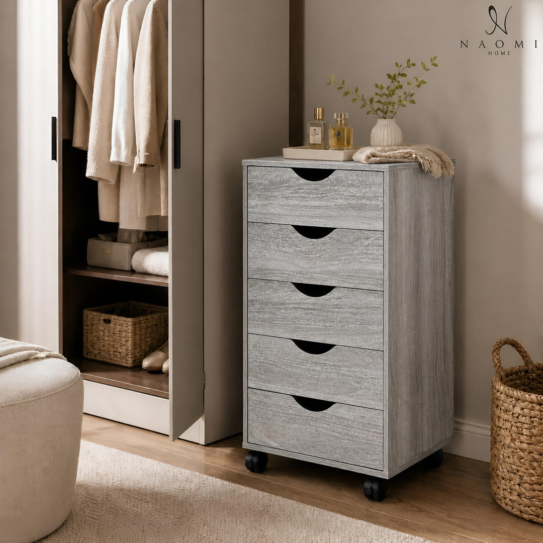 Taylor 5-Drawer Storage Cabinet with Wheels & Tabletop - Gray Oak
