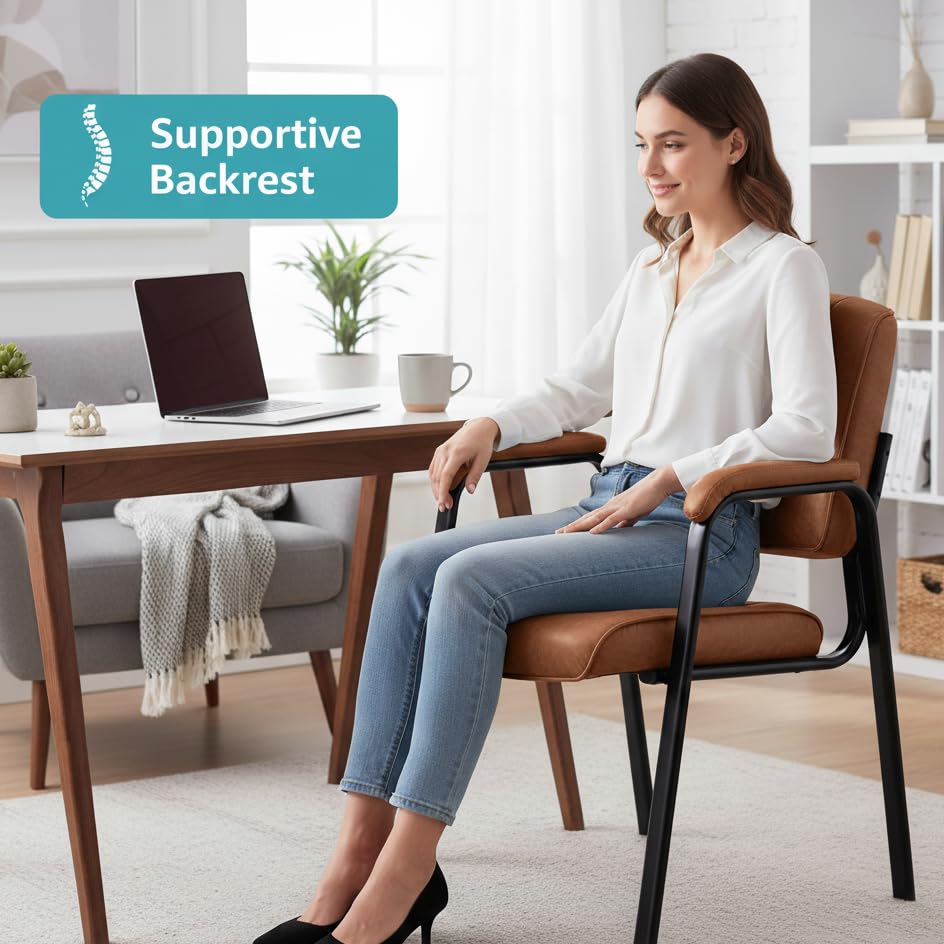 Mindy Reception Chair - Faux Leather Upholstery with Padded Arms - Caramel / Set of 2