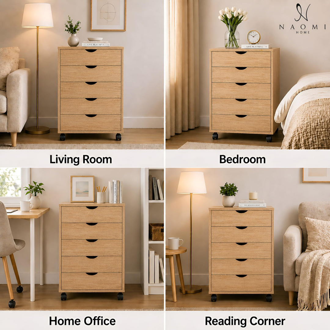 Taylor 5-Drawer Storage Cabinet with Wheels & Tabletop - Natural