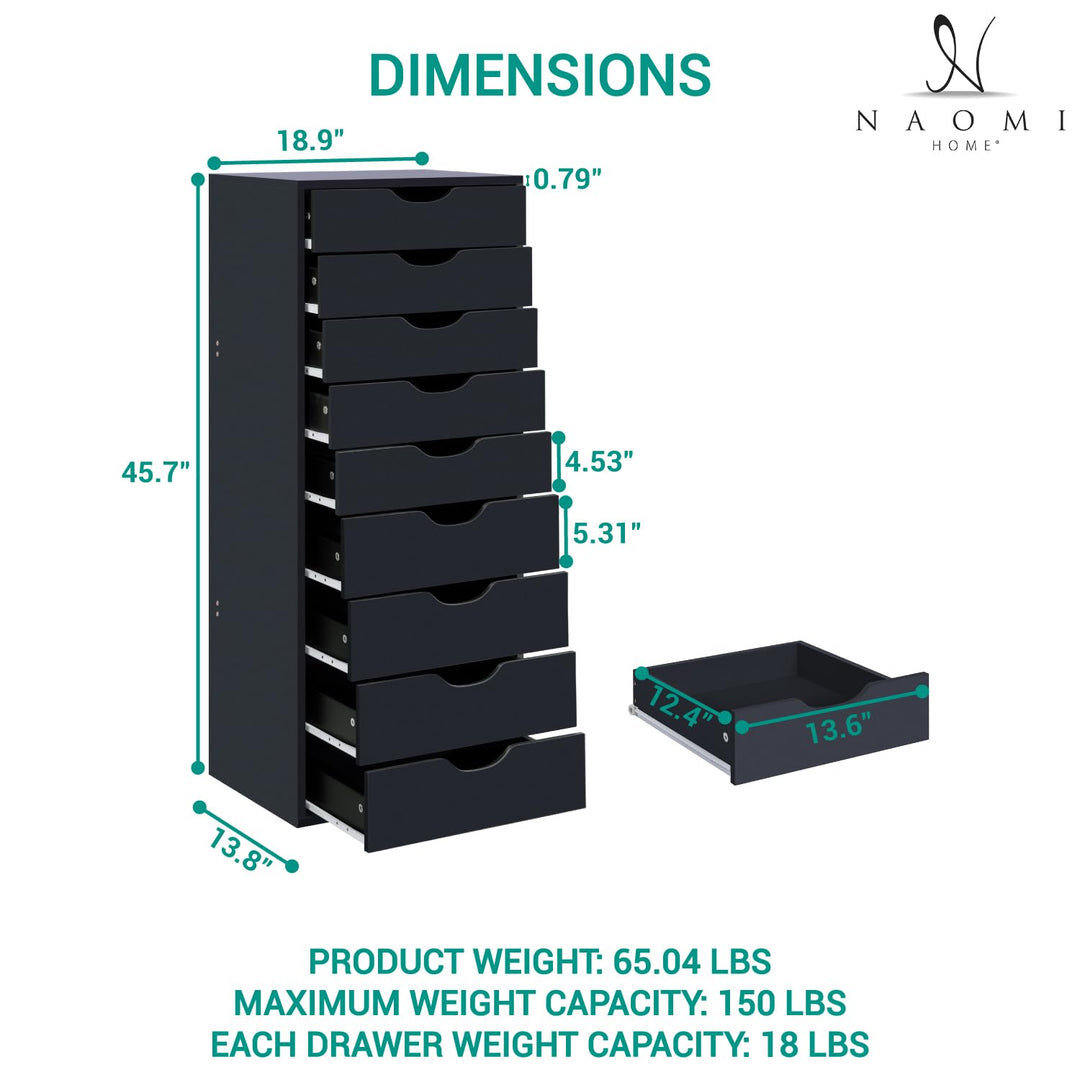 Bianca 9-Drawer Vertical Storage Cabinet with Tabletop - Black