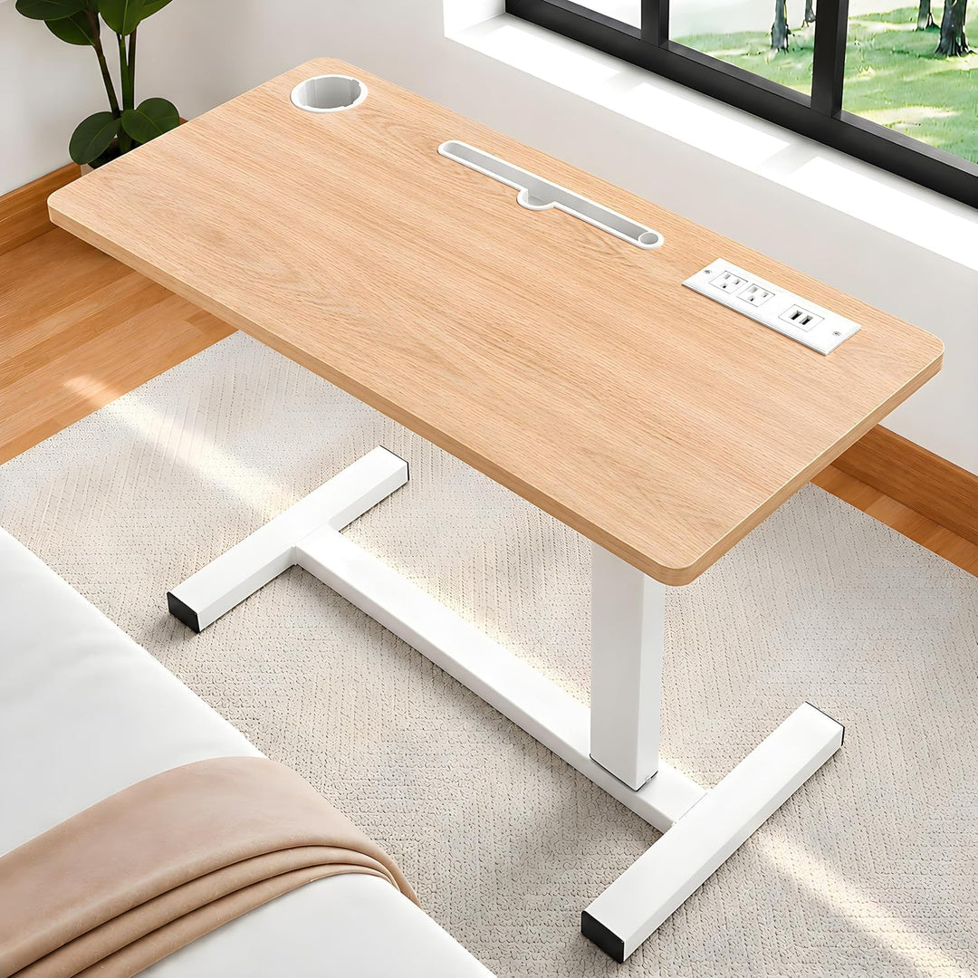 Adjustable Overbed Table with Charging Station - Natural / White