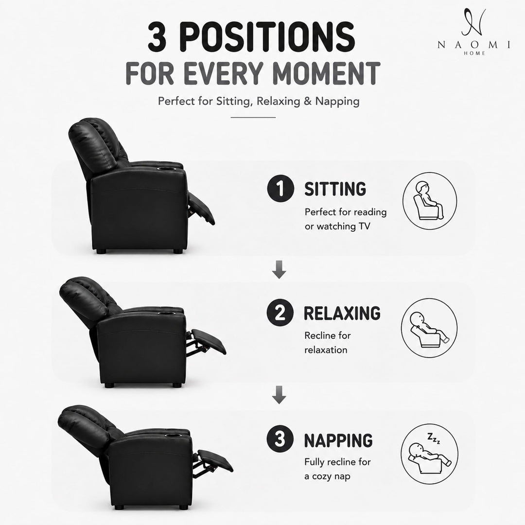 Suri Push Back Kids Recliner with Footrest & Cup Holders - Black / Pvc