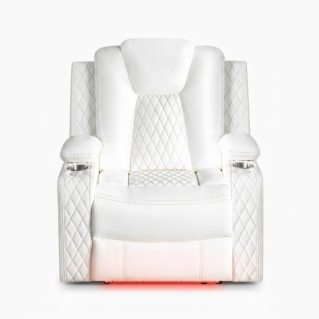 Chicago Power Recliner with LED Lights & USB Charging - White