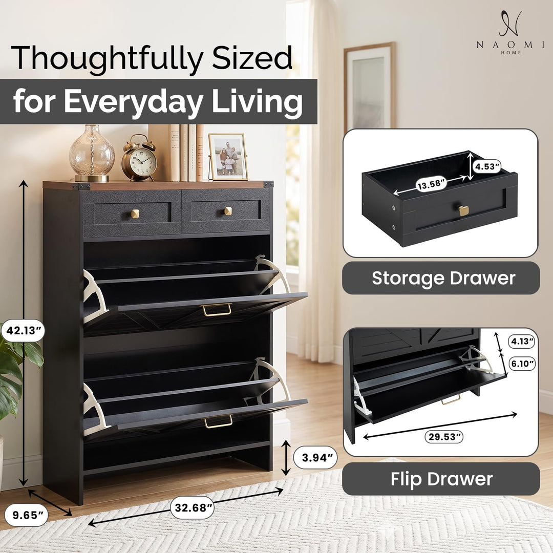 Berenice Farmhouse Shoe Cabinet with 2 Flip Drawers - Black