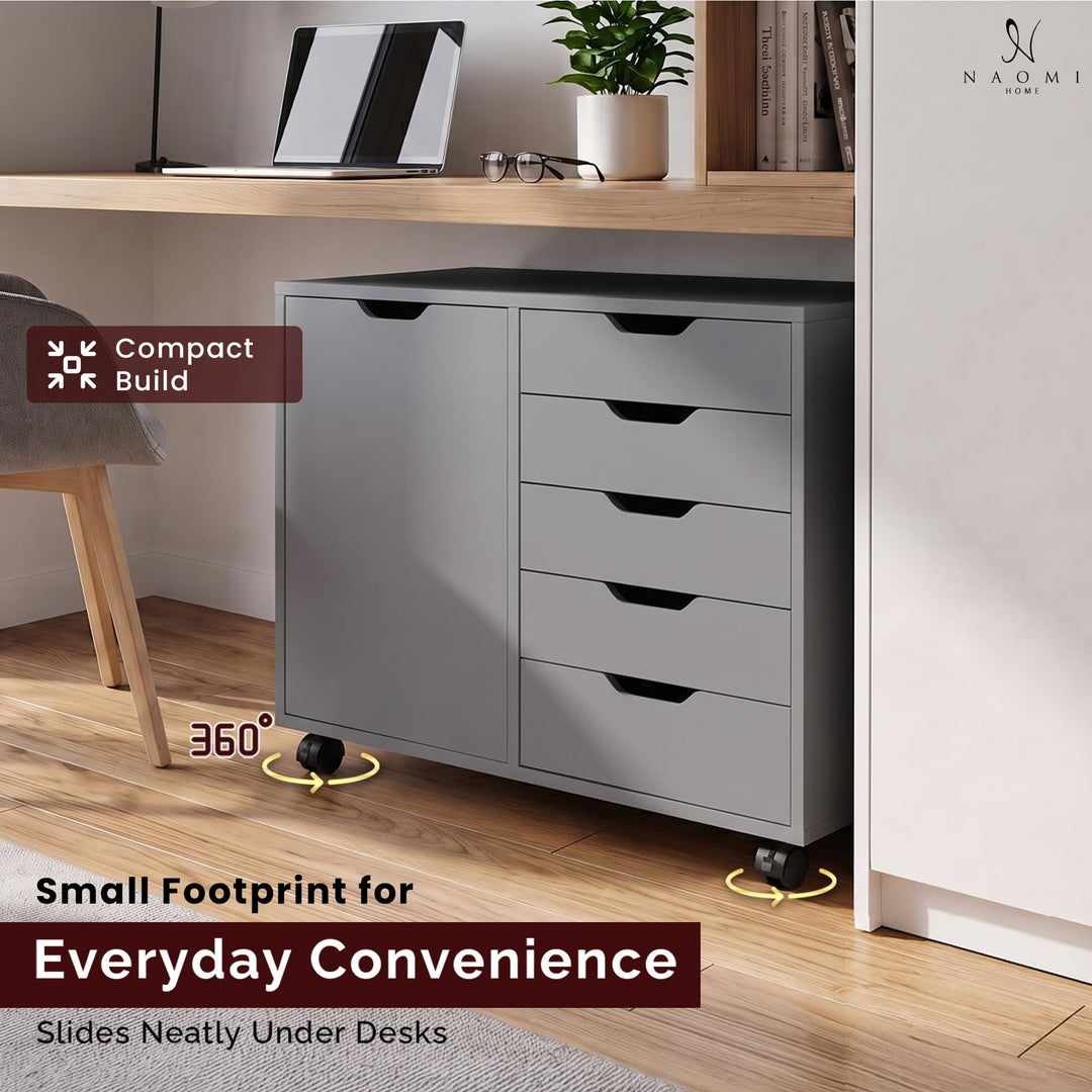 Amy 5-Drawer Storage Cabinet with 2 Shelves & Wheels - Gray