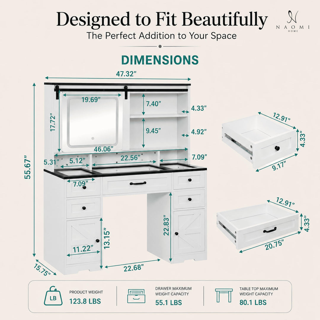 Vanya Makeup Vanity with Sliding LED Mirror & Charging – White