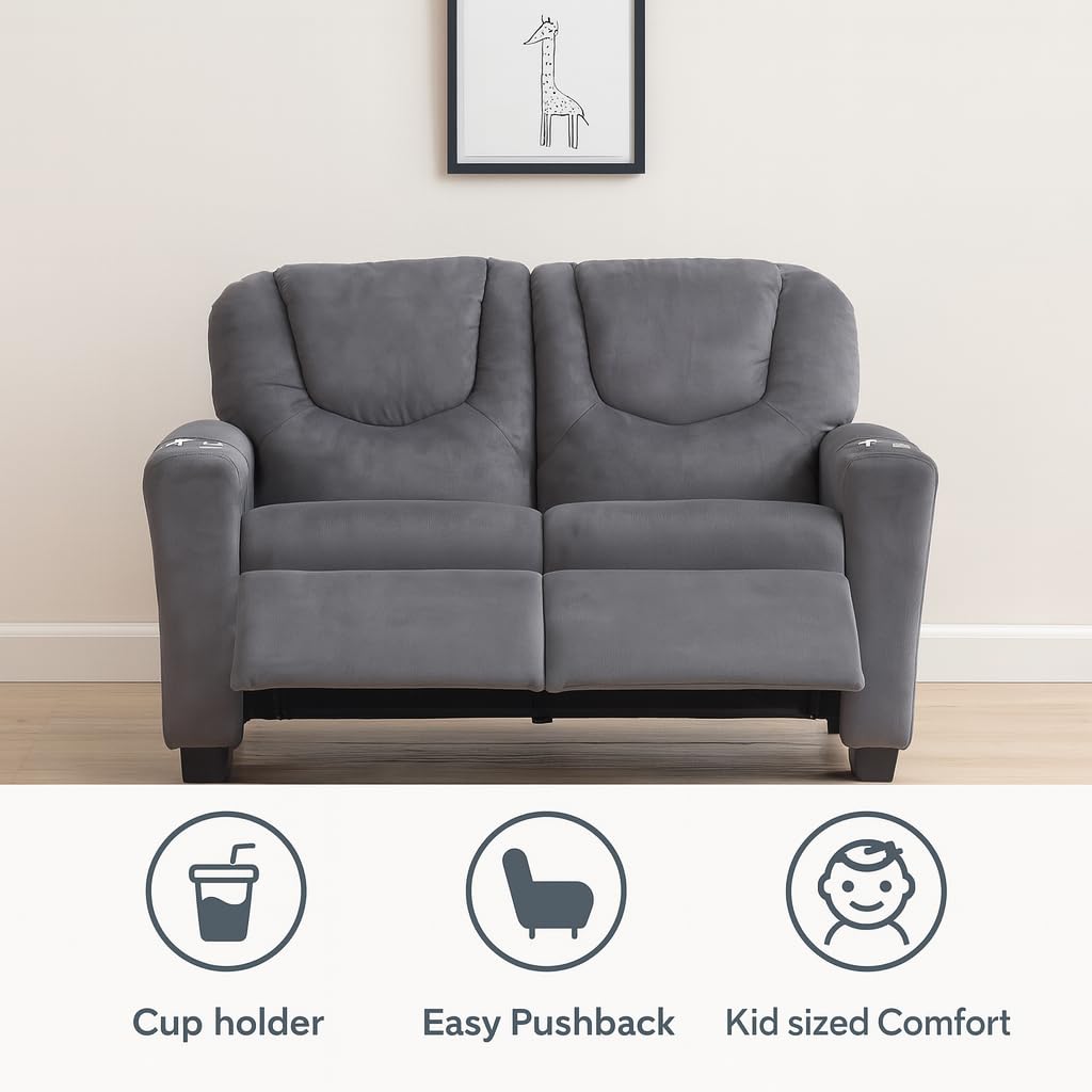 Suri Kids Recliner Loveseat with Dual Cup Holders - Gray / Microfiber