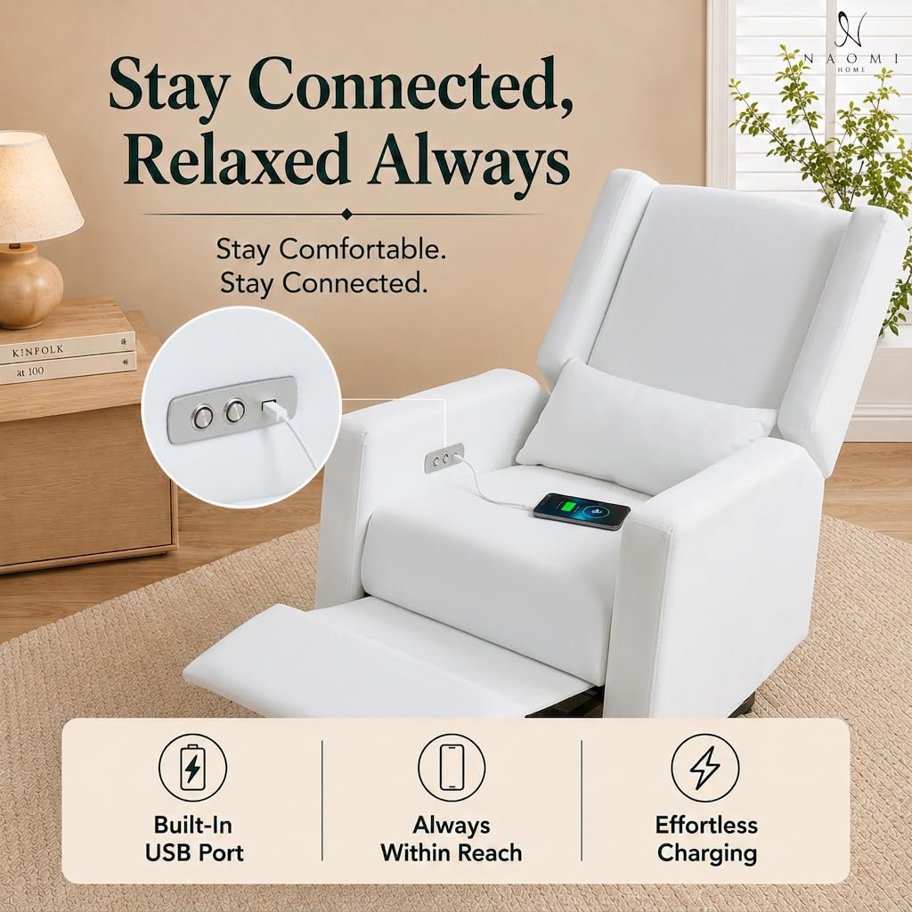 Tanya Power Swivel Glider Recliner with USB Port - Bright White