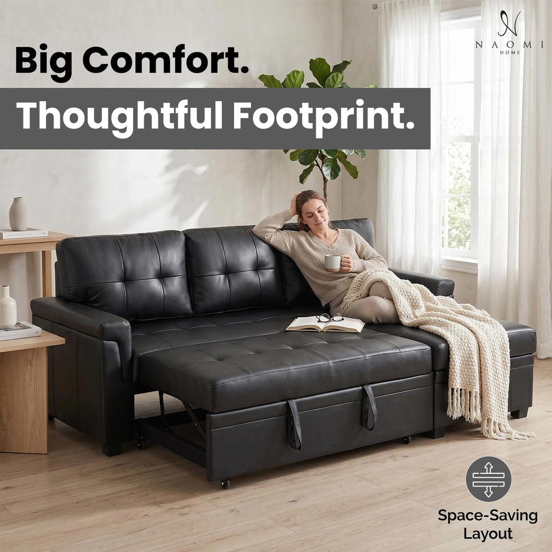 Laura 84" L-Shaped Sleeper Sectional Sofa with Storage Chaise - Black / Air Leather