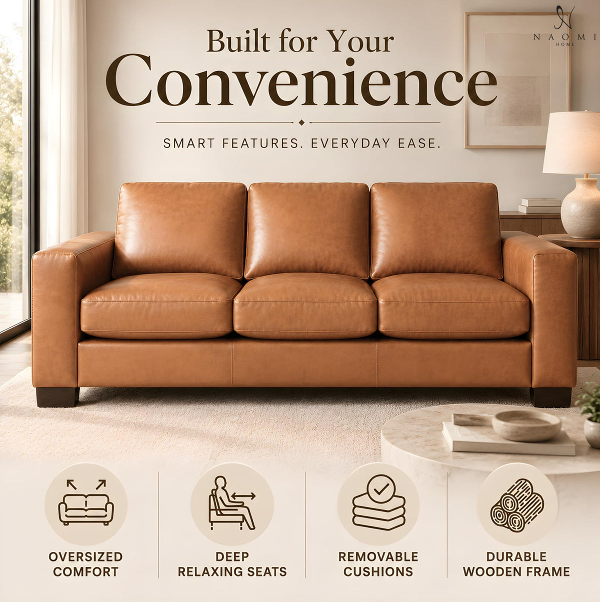 Freya genuine leather oversized 3 seater sofa   tan