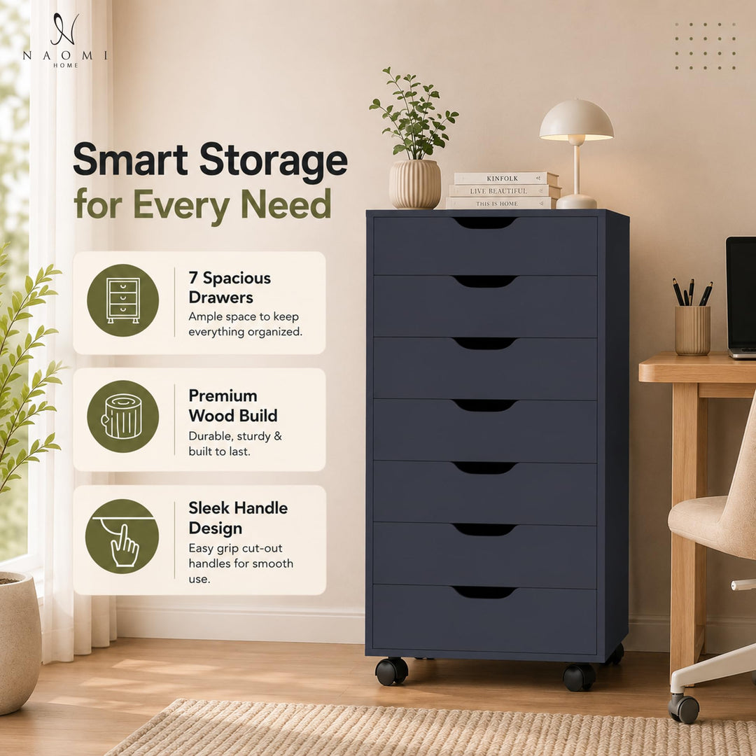 Debbie 7-Drawer Storage Cabinet with Wheels & Tabletop - Black