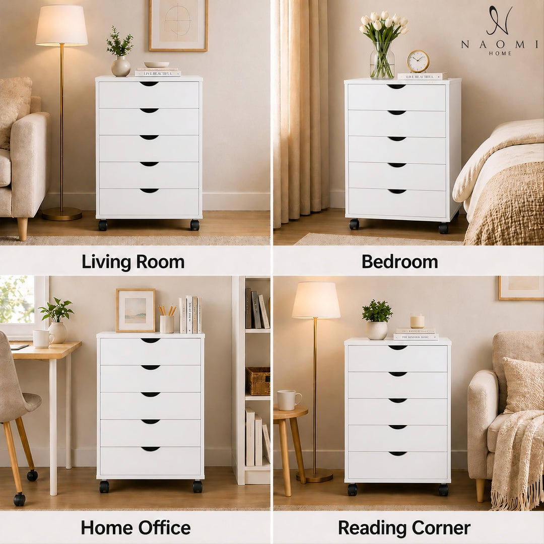 Taylor 5-Drawer Storage Cabinet with Wheels & Tabletop - White