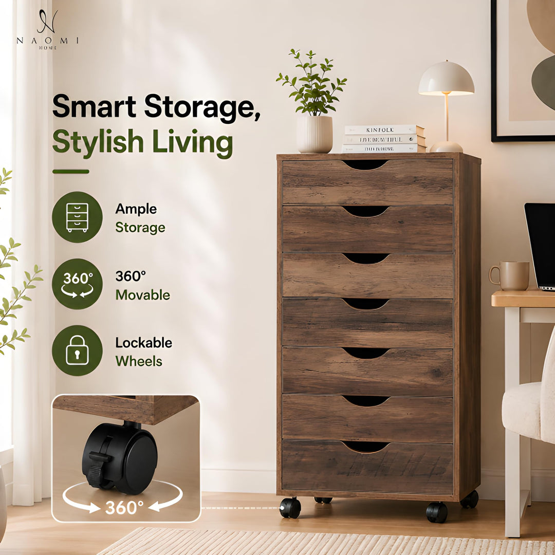 Debbie 7-Drawer Storage Cabinet with Wheels & Tabletop - Brown Oak