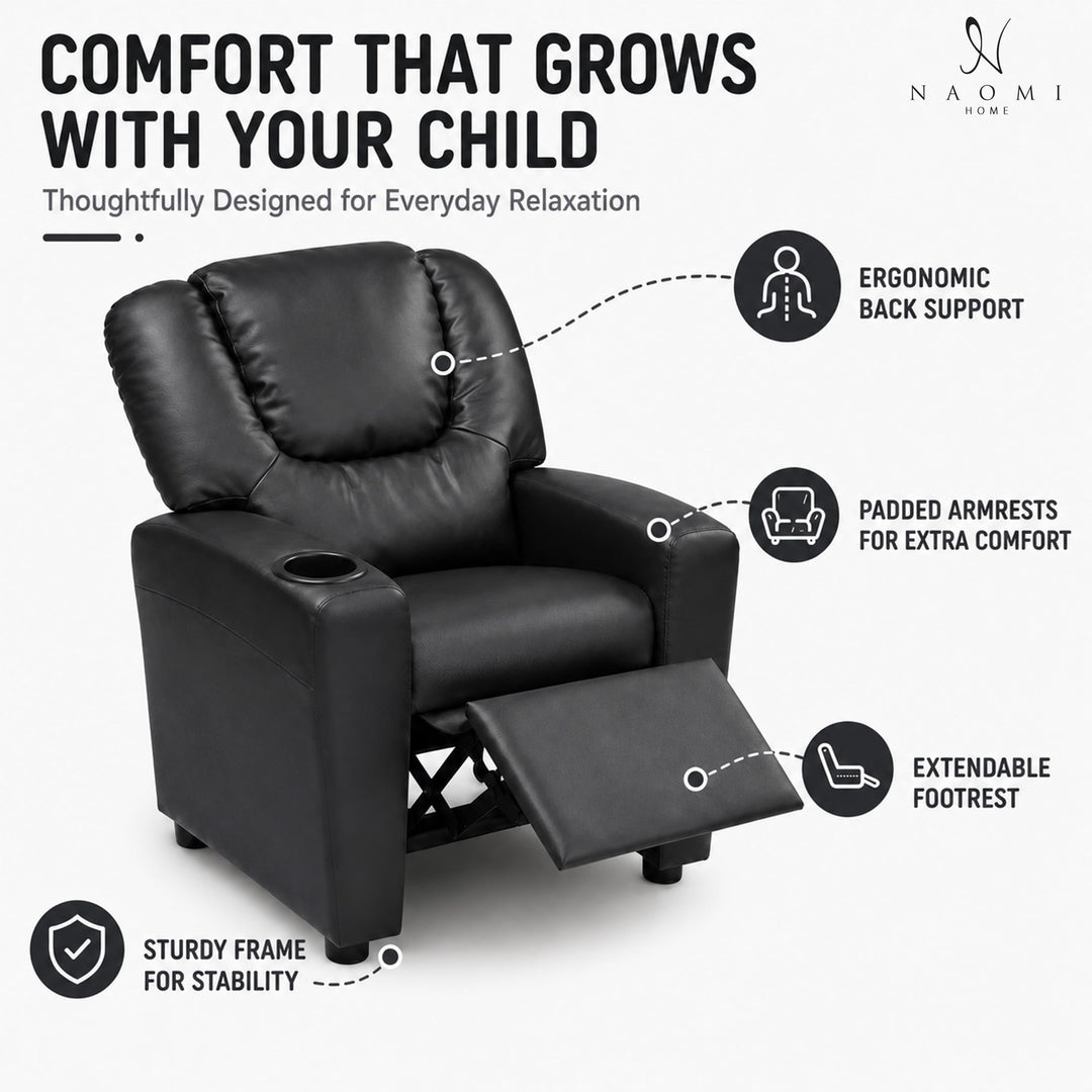 Suri Push Back Kids Recliner with Footrest & Cup Holders - Black / Pvc
