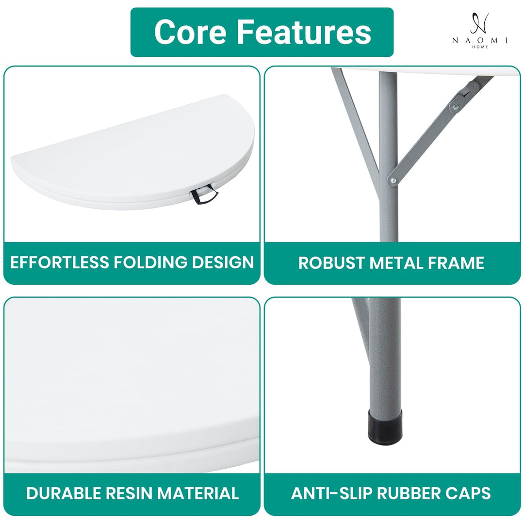 5 Ft Round Bi-Fold Resin Folding Table with Carrying Handle