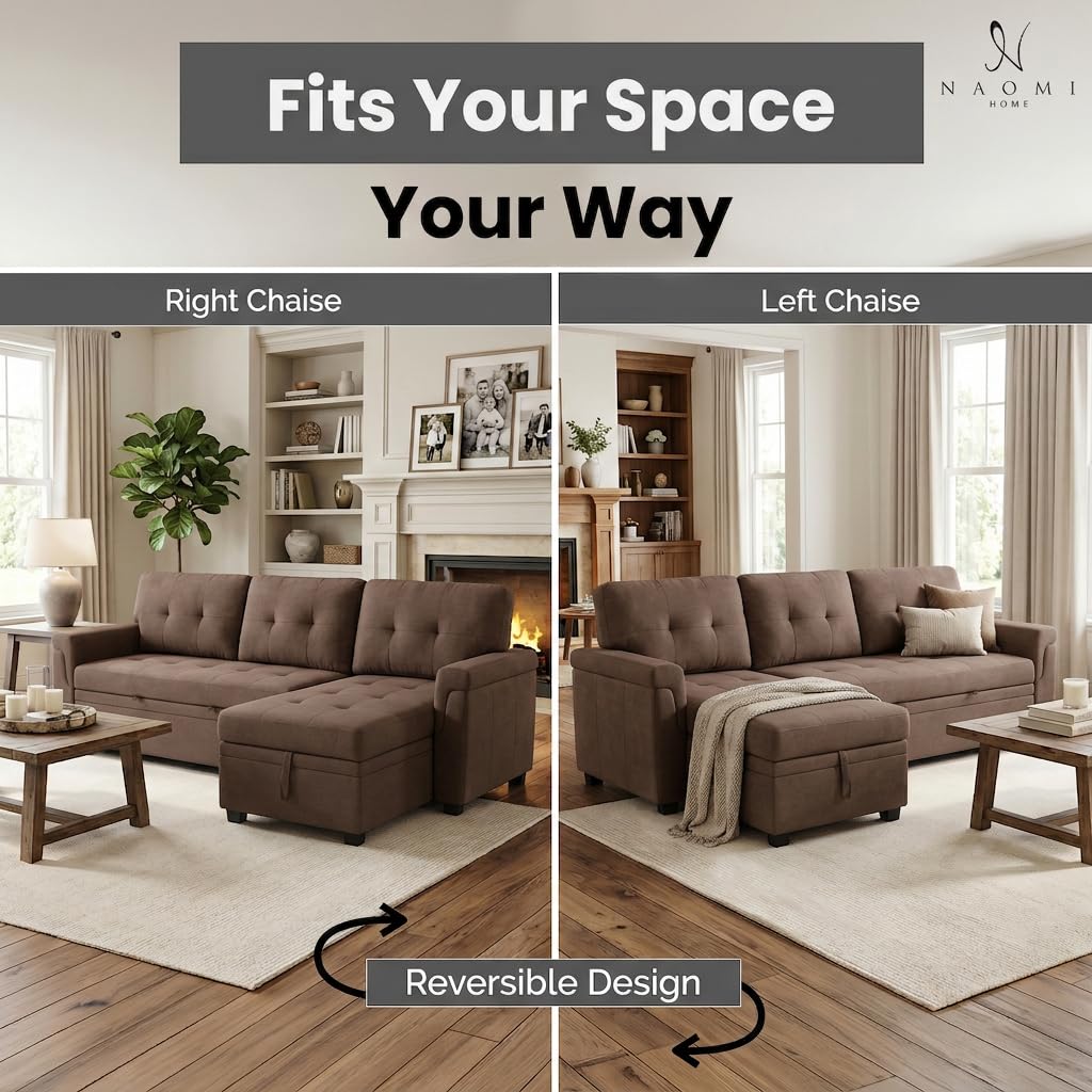 Laura 84" L-Shaped Sleeper Sectional Sofa with Storage Chaise - Mocha / Velvet