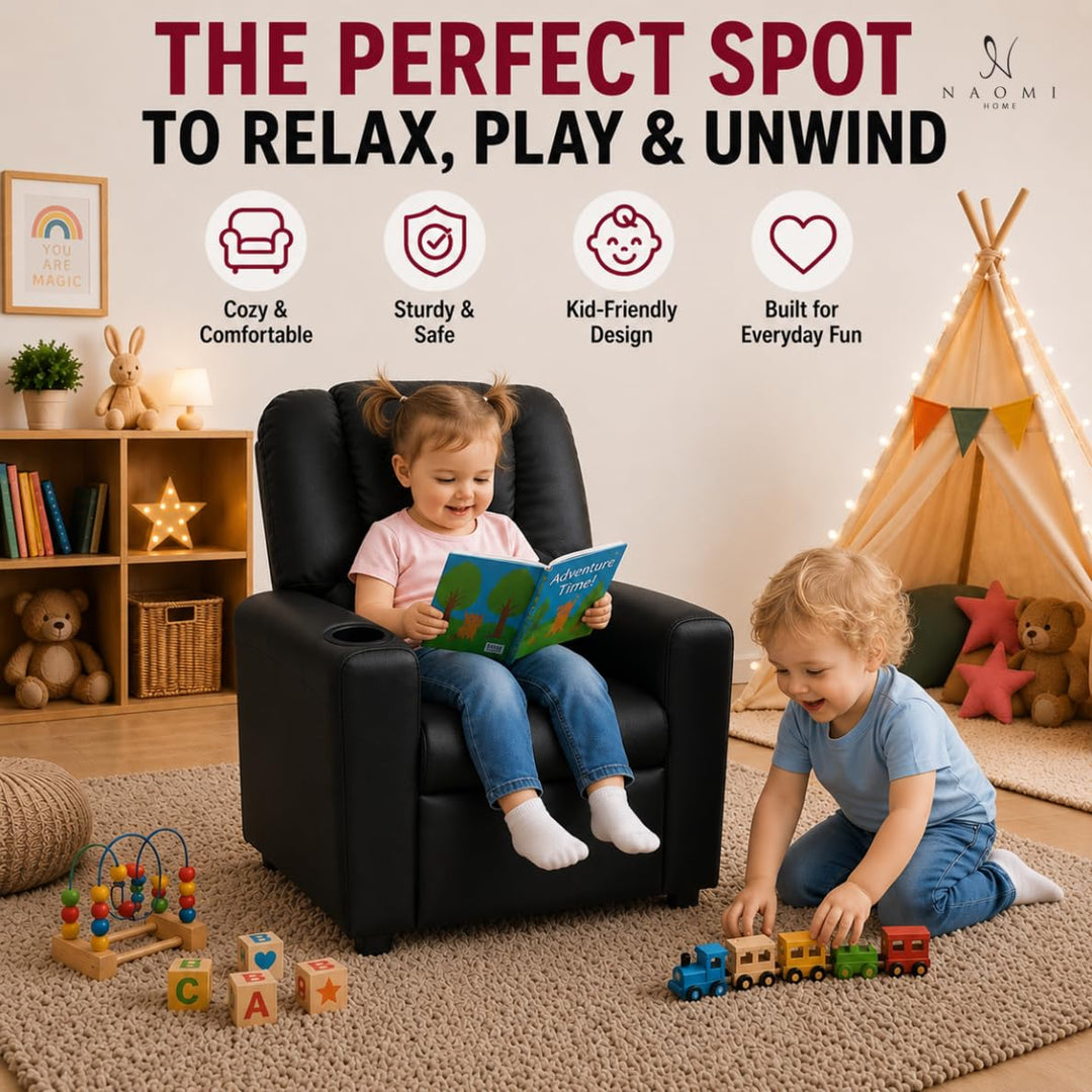 Suri Push Back Kids Recliner with Footrest & Cup Holders - Black / Pvc