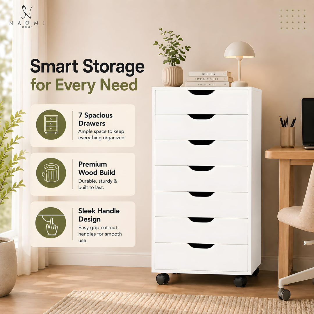 Debbie 7-Drawer Storage Cabinet with Wheels & Tabletop - White