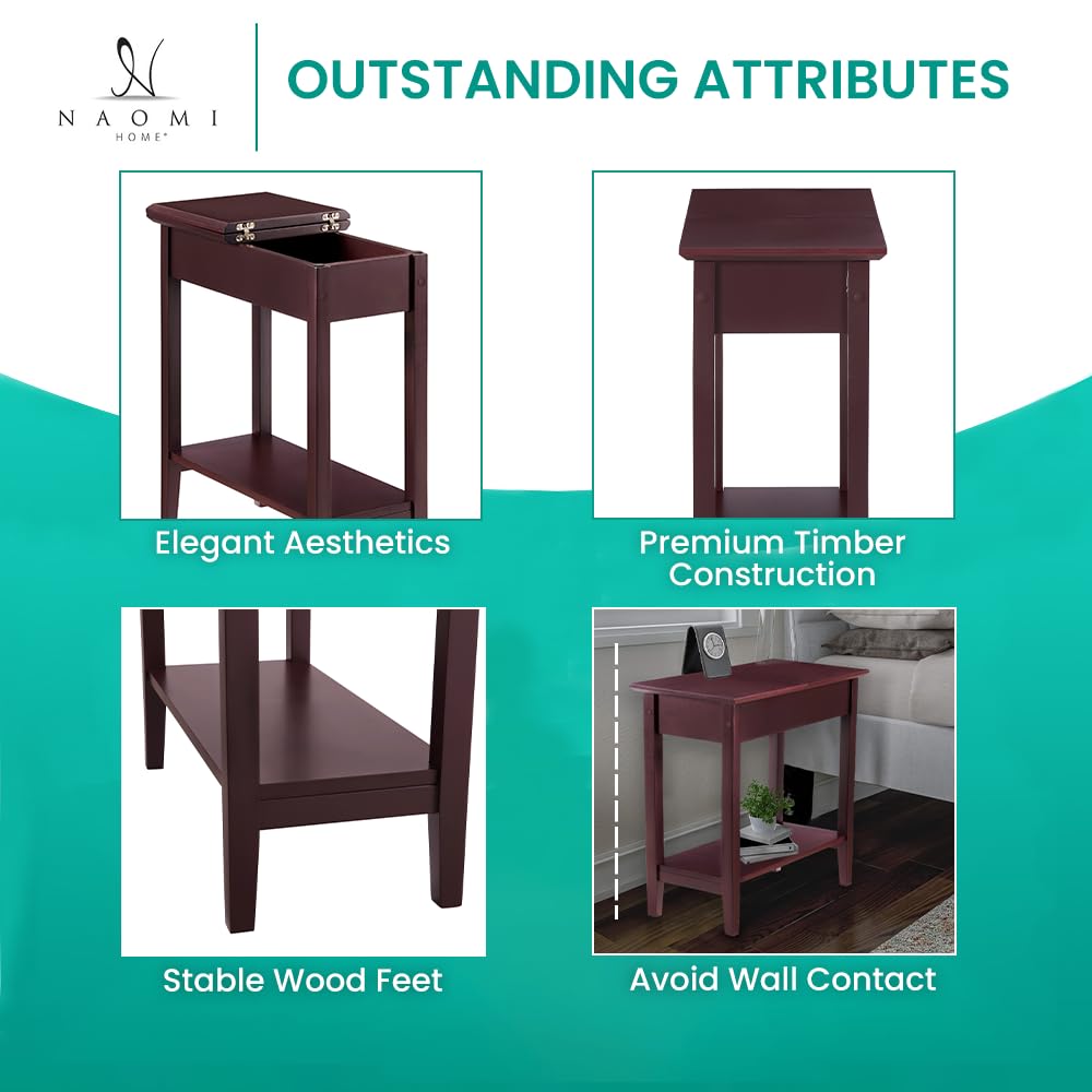 Roxy Flip Top Chairside Table - Hidden Storage with Drawer & Shelf - Cherry