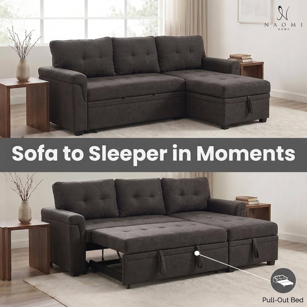 Laura 84" L-Shaped Sleeper Sectional Sofa with Storage Chaise - Espresso / Velvet