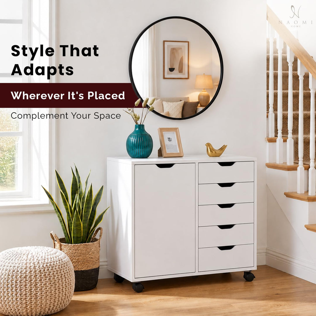 Amy 5-Drawer Storage Cabinet with 2 Shelves & Wheels - White